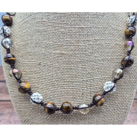 NWOT Tiger's Eye Shamballa & Faceted Crystal Boho Cord Necklace One Size Unisex - Picture 5 of 10